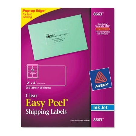 Avery Avery Easy Peel Inkjet Mailing Labels, 2 x 4, Clear, 250/Pack 8663